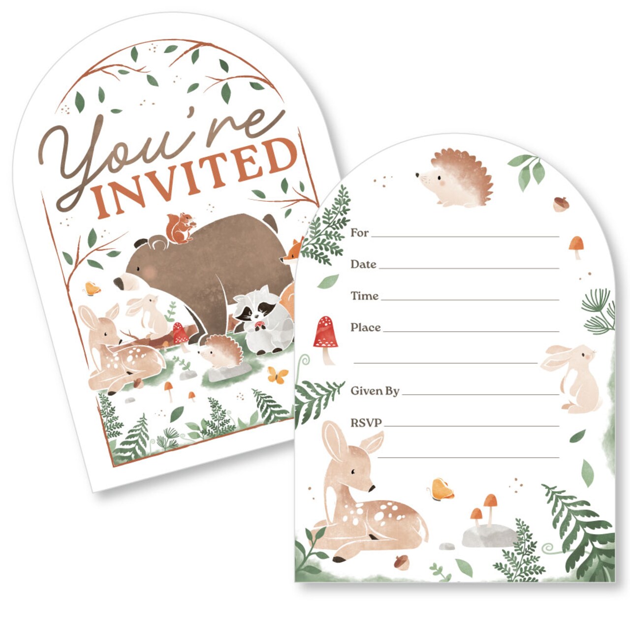 Big Dot of Happiness Woodland Animals Invitations with Envelopes, You're Invited Forest Baby Shower or Birthday Fill-In Invitation Flat Cards - 12 Ct